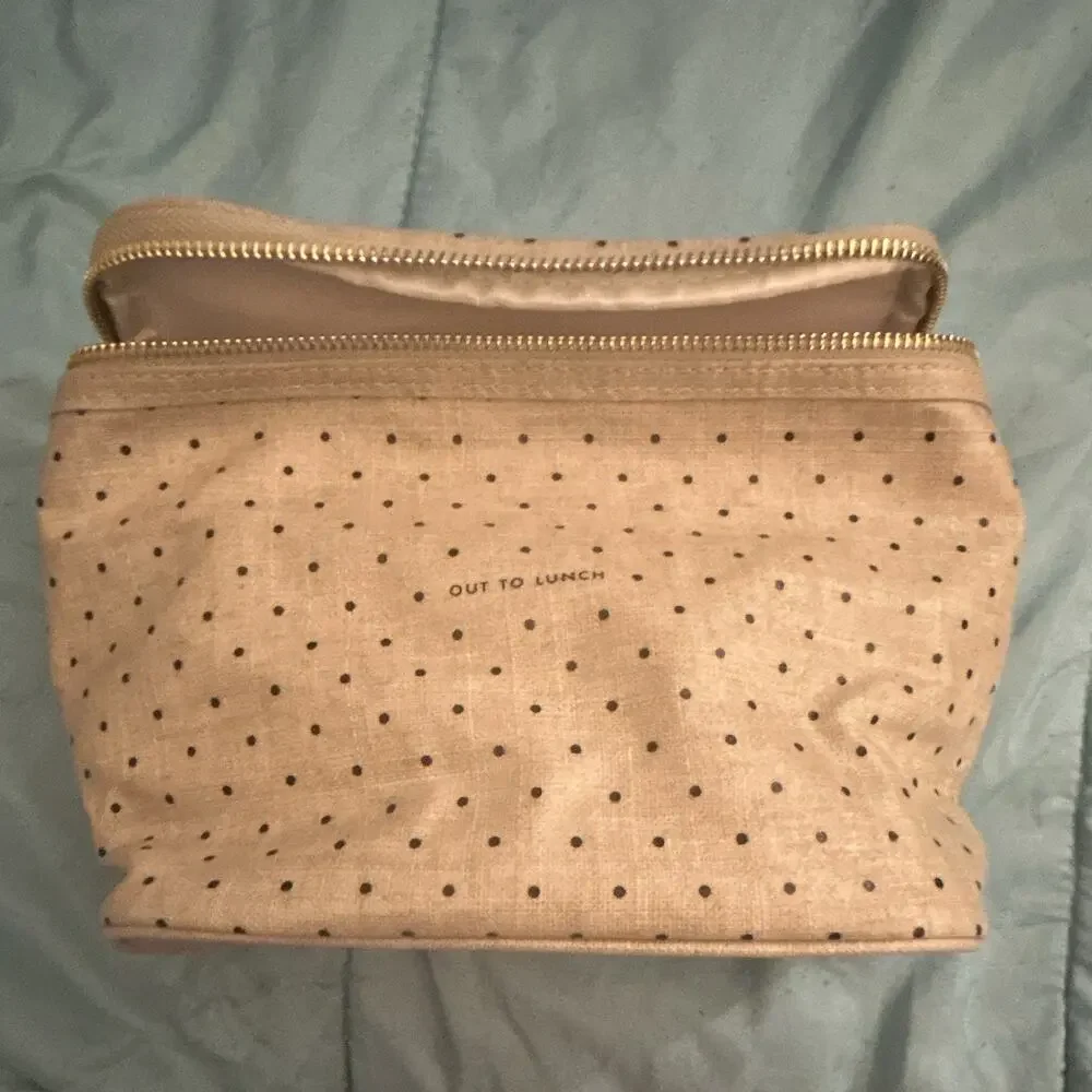 Kate Spade New York Lunch Bag Beige Black Polka Dot Insulated Zip Tote